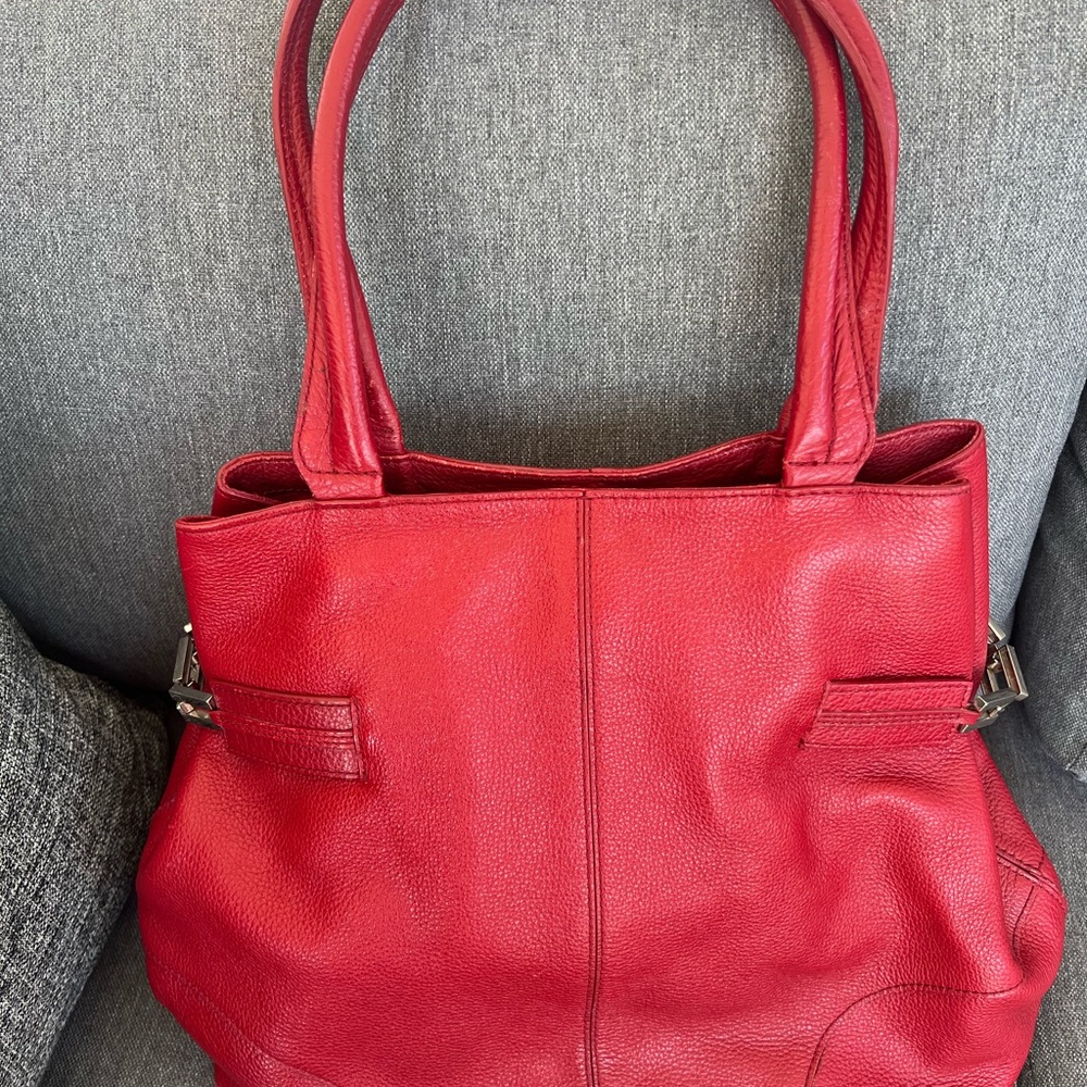 Red Leather purse vintage Talbots shoulder Tote handbag silver tone accents